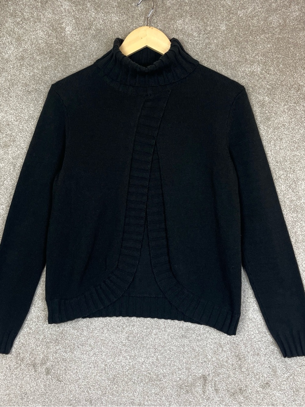 Talbots Sweater Womens Small Black Cotton Blend Turtleneck Open Front- 5359